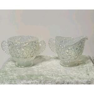 Fenton French Opalescent Iridescent Glass Daisy & Button Creamer and Sugar Set